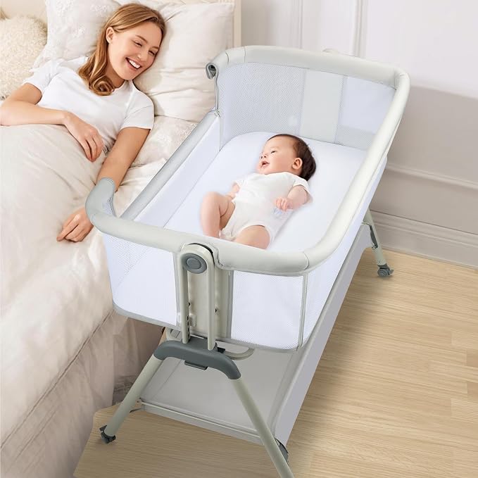 Baby Pet Studio 3-in-1 Bedside Sleeper Bassinet with Adjustable Height, Wheels & Storage Basket