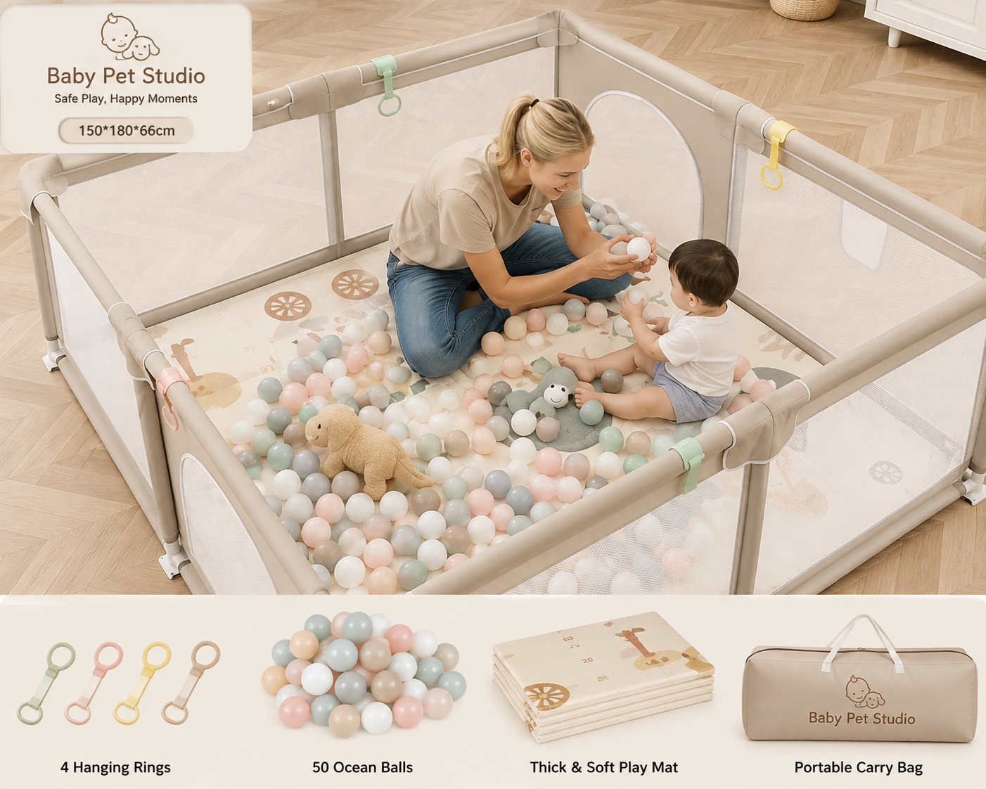 Baby Pet Studio Baby Playpen with Soft Play Mat, Ocean Balls & Carry Bag – 150 × 180 × 66 cm