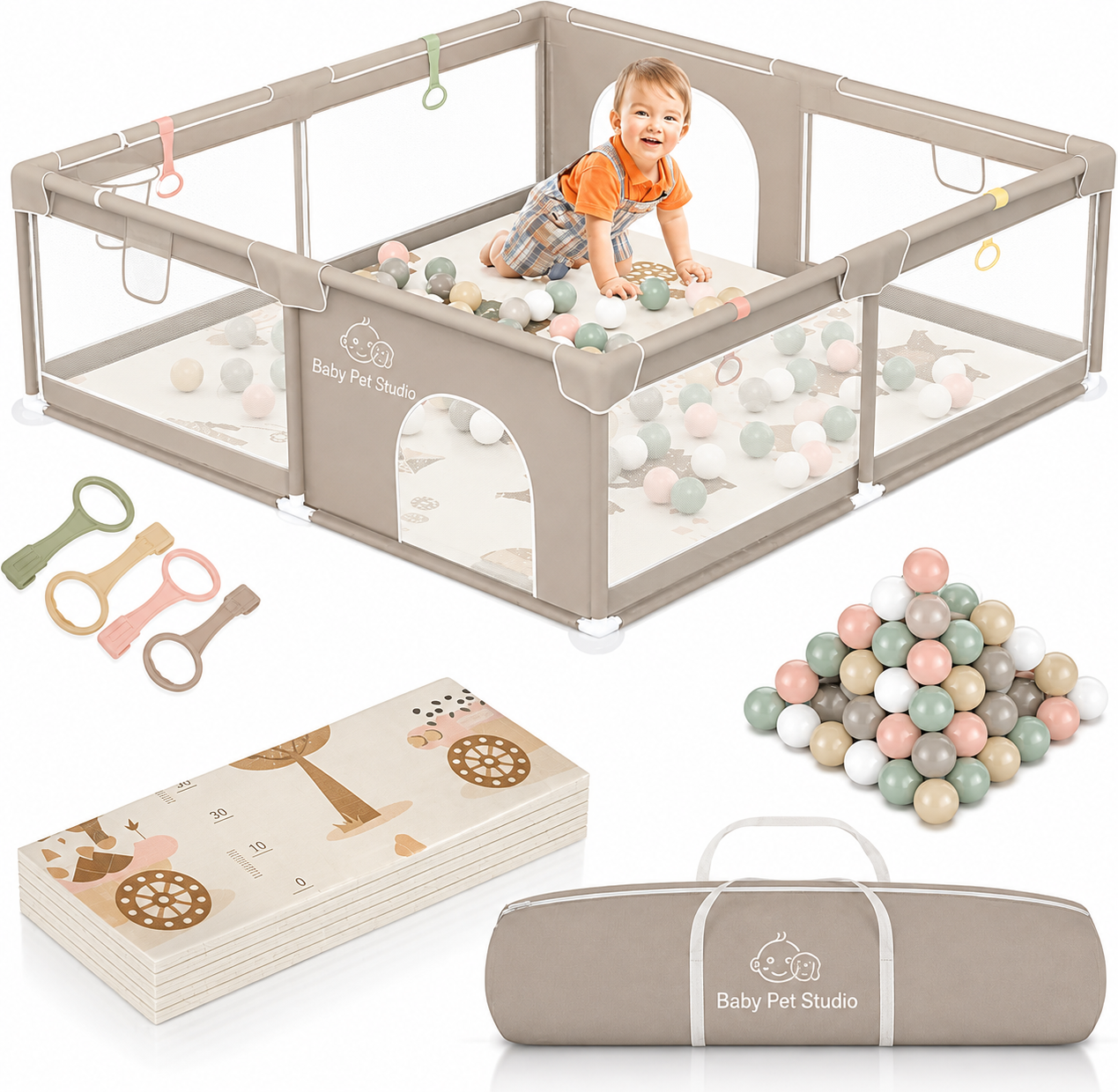 Baby Pet Studio Baby Playpen with Soft Play Mat, Ocean Balls & Carry Bag – 150 × 180 × 66 cm