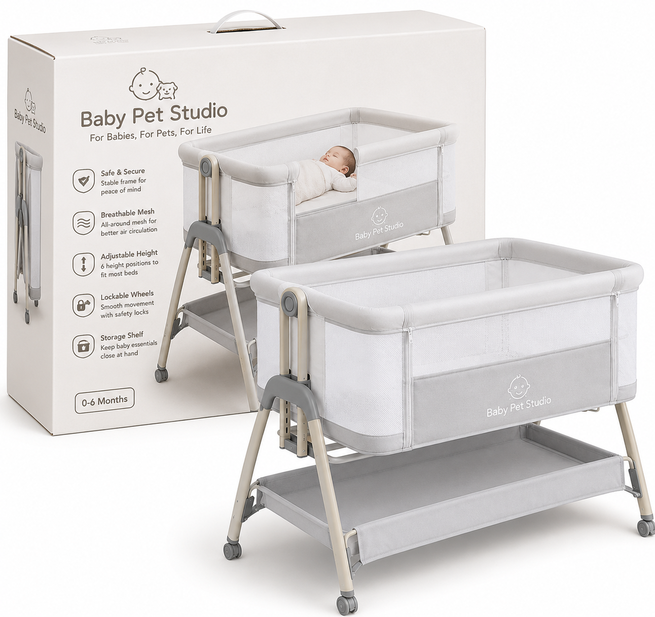 Baby Pet Studio 3-in-1 Bedside Sleeper Bassinet with Adjustable Height, Wheels & Storage Basket